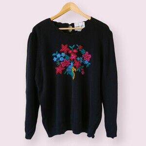 Vintage ANDREA GAYLE Floral Knit Sweater Size 2X Black Grannycore Keyhole Scandi